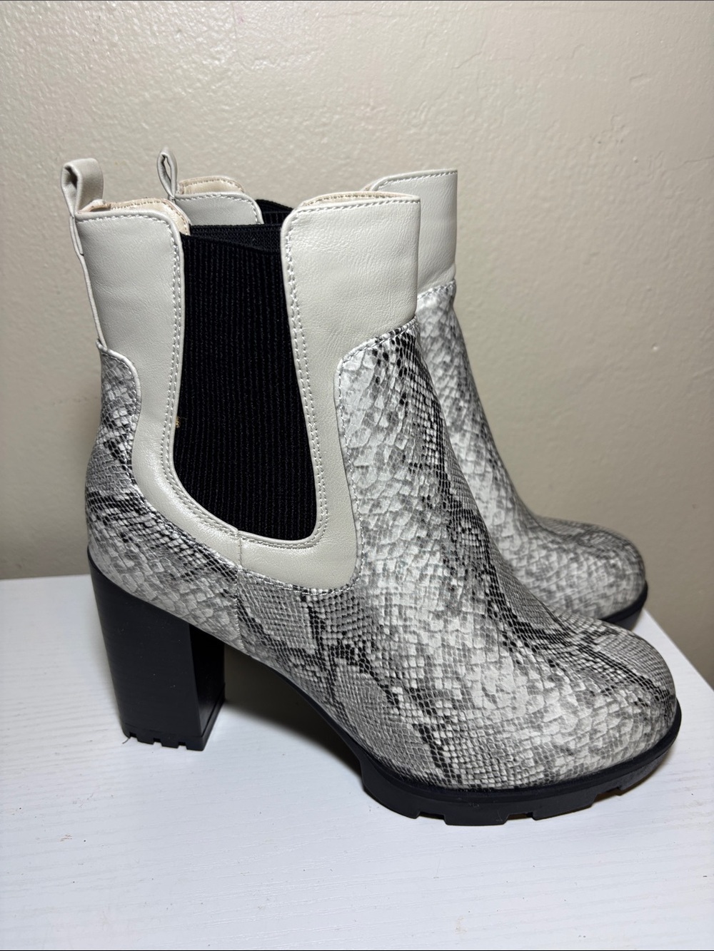 Snake-Print Chelsea Booties with Cream Accents